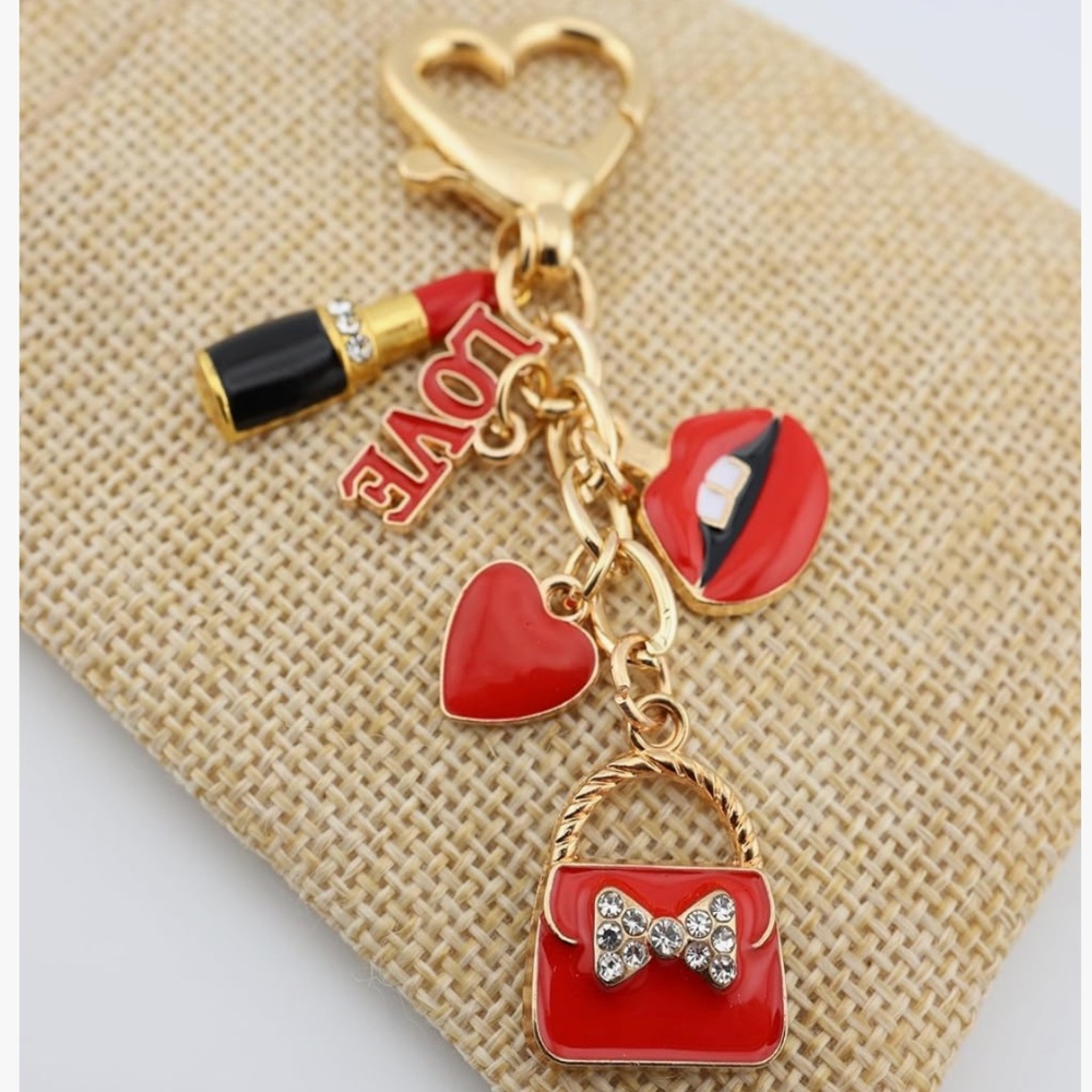 Red and Gold Keychain with Lipstick Charm - Picture 4 of 4